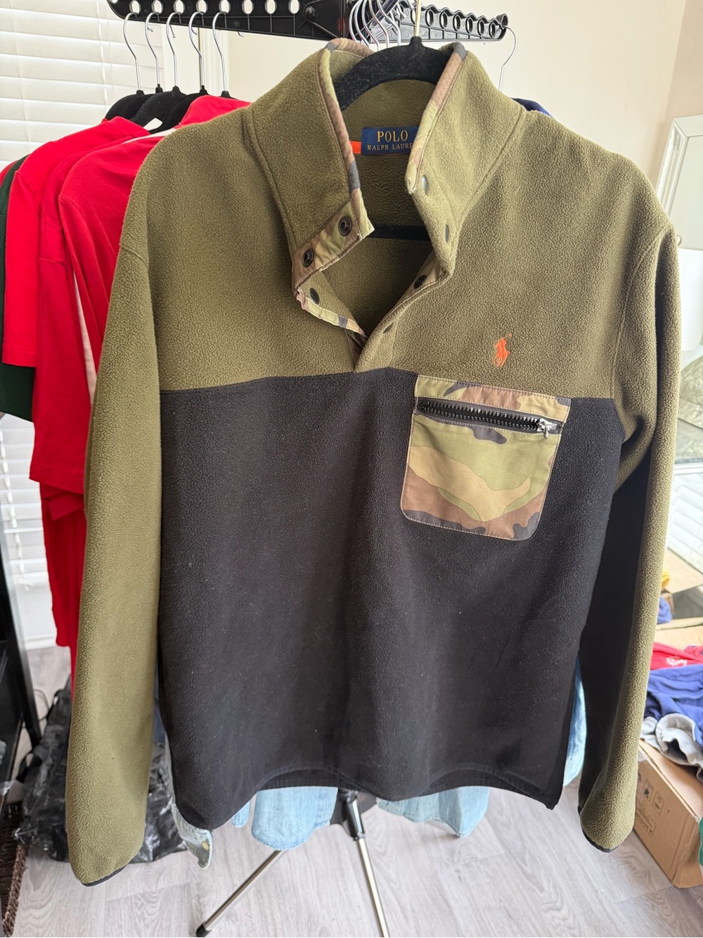 Polo by Ralph Lauren Olive & Black Fleece Pullover with Camo Pocket Detail